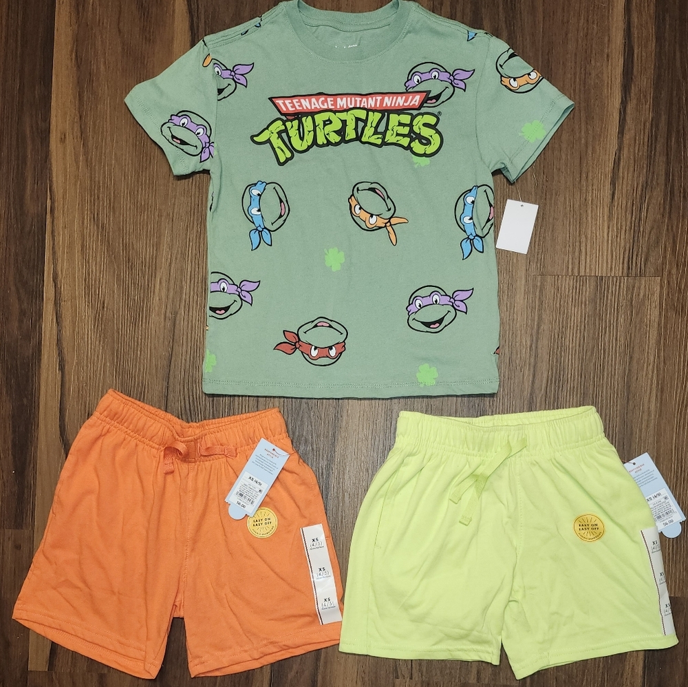 All NWT Boys Lot Sz XS (4/5) TMNT T-Shirt & 2 Pairs Shorts, Flawless Condition